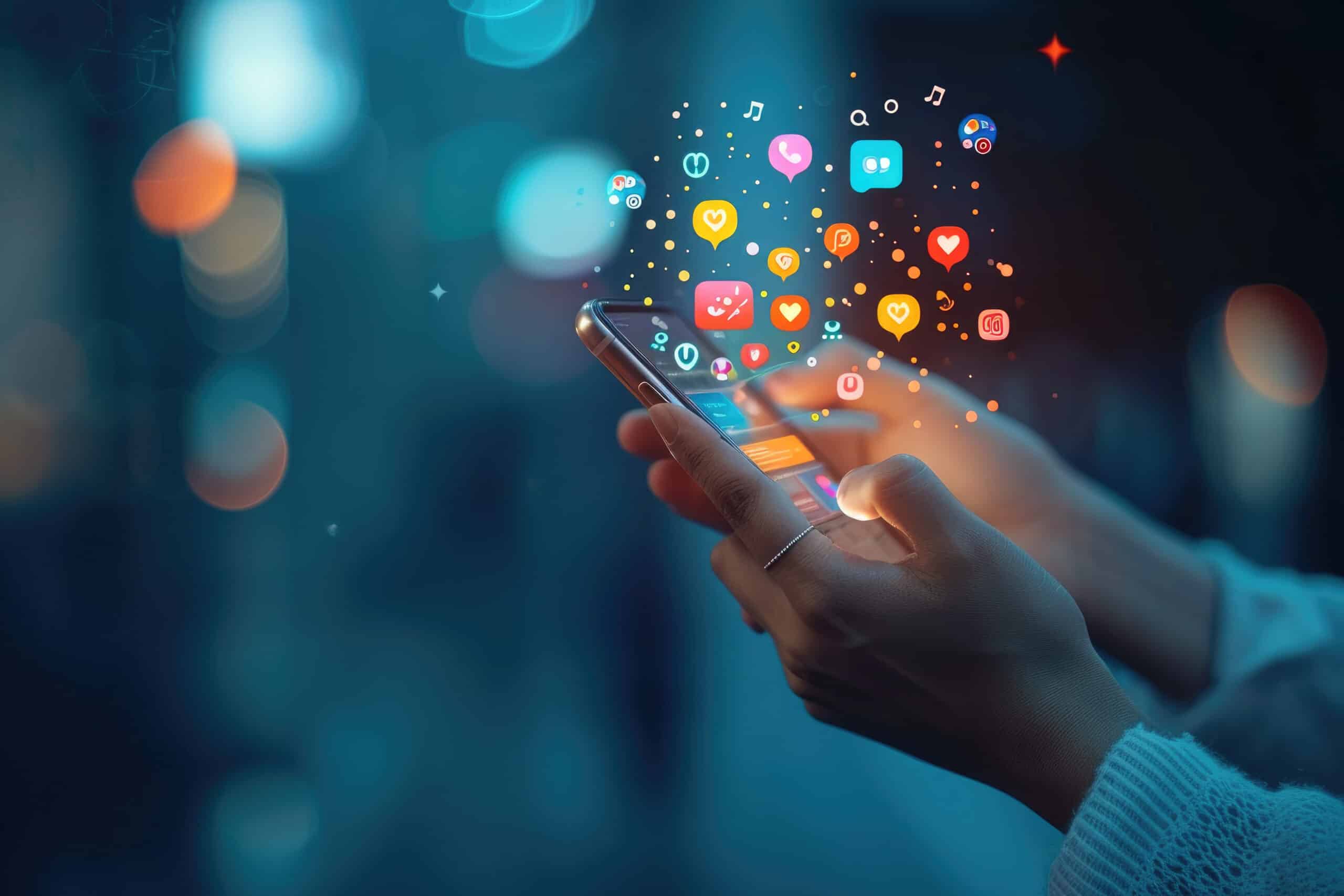Eine Person hält ein Mobiltelefon mit einem Bildschirm, auf dem verschiedene Social-Media-Symbole leuchten. Konzept der Vernetzung mit der digitalen Welt.