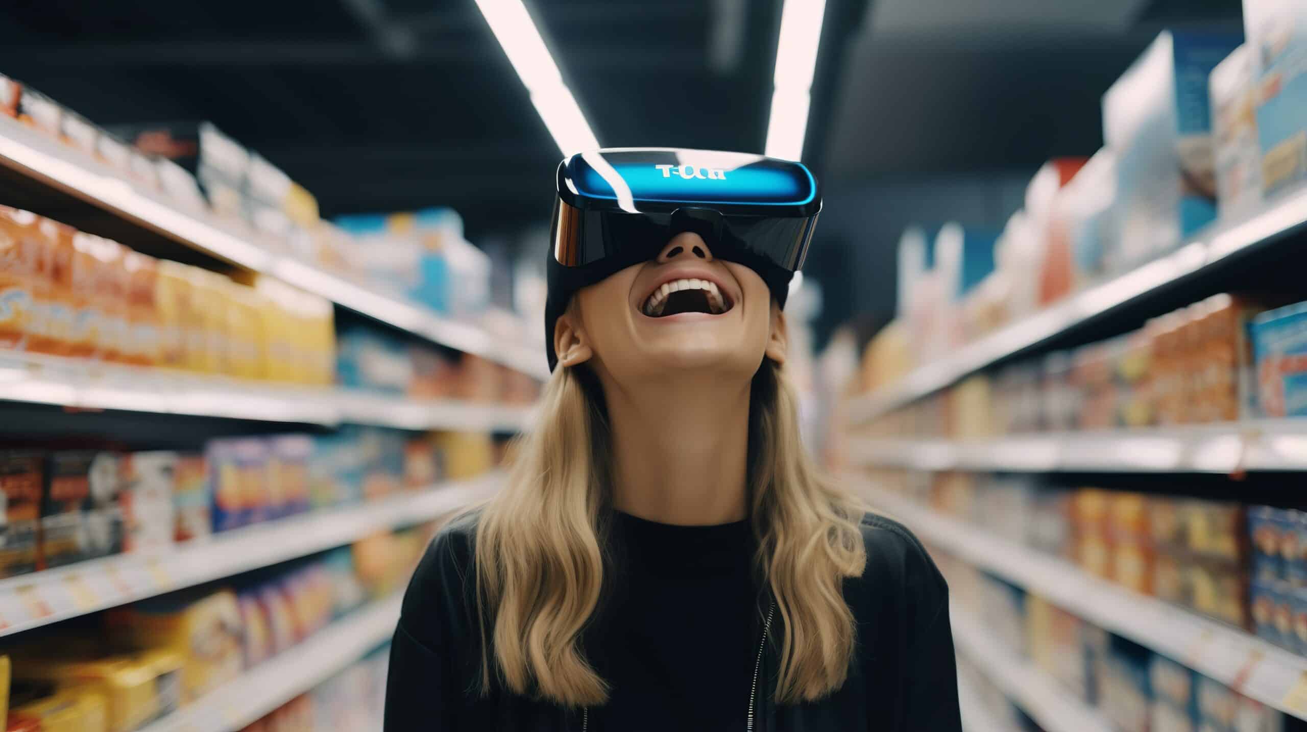 Die Erkundung des Metaversums: Eine Frau geht mit 3D-VR-Brillen im Supermarkt einkaufen.