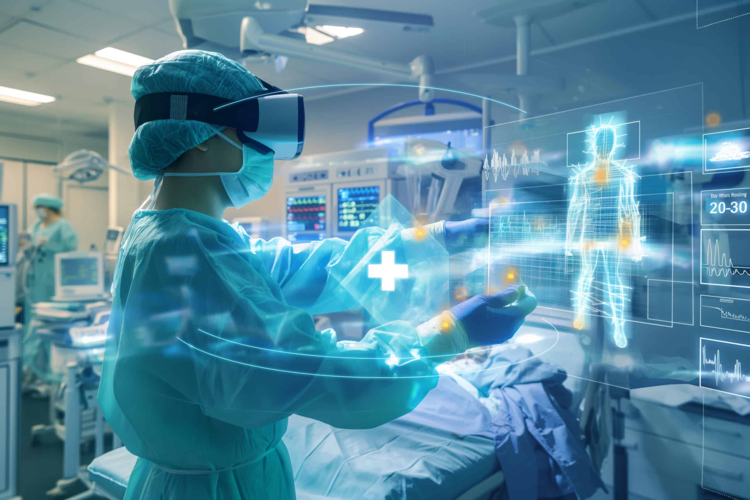 Ärzte verwenden VR-Brillen und räumliche Computer-Virtual-Reality-Brillen im Operationssaal zur Diagnose.